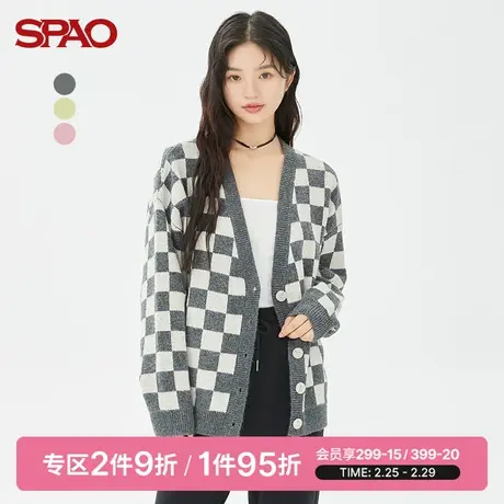 SPAO女士毛衣春季新款棋盘格宽松V领开衫毛衣SPCKC49S20商品大图