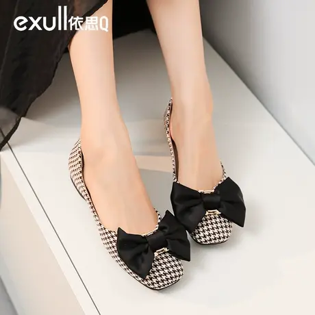 依思q孕妇平底鞋女春软底方头蝴蝶结千鸟格子浅口舒适一脚蹬单鞋商品大图