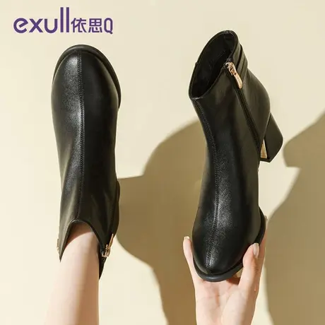 依思Q粗跟短靴女2023秋季新款中跟女鞋百搭英伦风高跟切尔西单靴图片