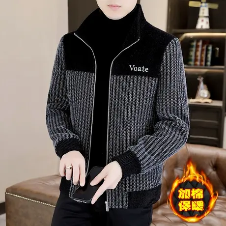 外套男士加厚冬装潮牌刺绣夹克痞帅冬款加棉保暖貂绒立领呢子大衣商品大图