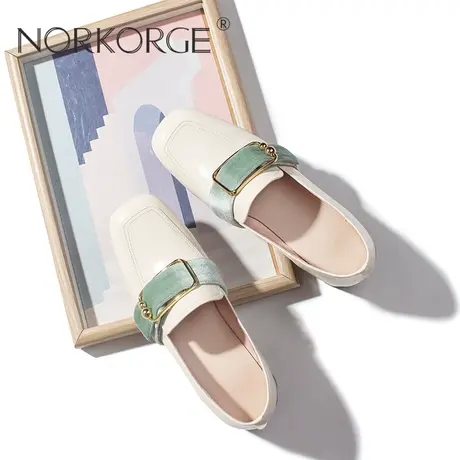 2024新款春复古百搭珍珠白通勤单鞋乐福鞋女鞋真皮方头粗跟配裙子商品大图