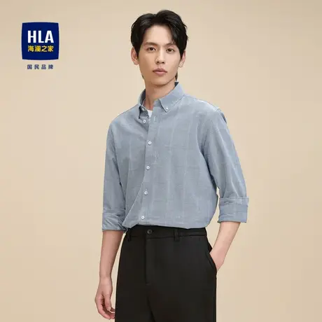 HLA/海澜之家宽松时尚休闲衬衫2023秋季新款格子扣领尖领领衬衣男图片