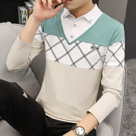 秋季假两件衬衫男长袖韩版潮流男士衬衣帅气男装打底衫休闲上衣服图片