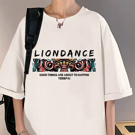 国潮短袖t恤男夏季潮流纯棉百搭上衣服男装港风醒狮印花半袖体恤商品大图