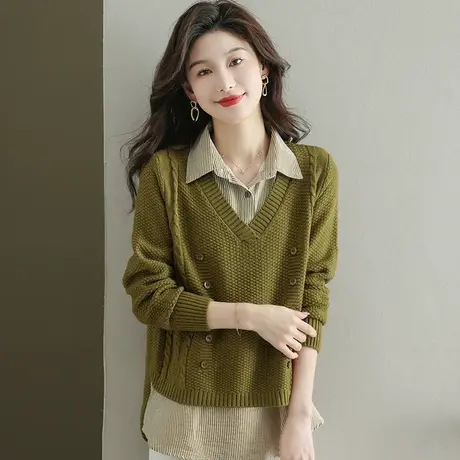 2023春秋新款女装大码衬衫领拼接假两件上衣女士针织衫宽松毛衣女图片