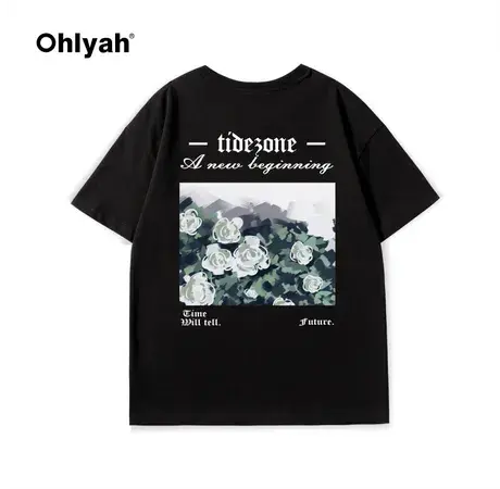 Ohlyah潮牌美式植物花卉花海印花短袖T恤男女复古宽松半袖上衣ins商品大图