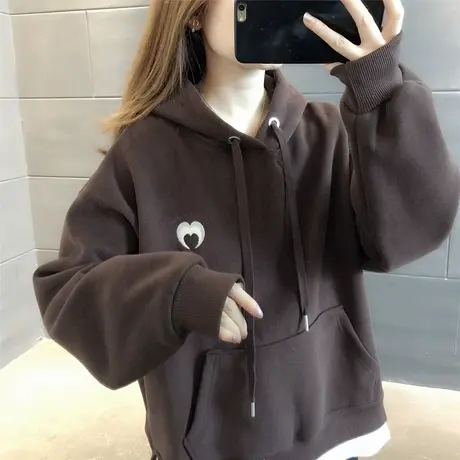 纯色连帽卫衣秋季新款加绒加厚简约百搭宽松上衣小个子通勤外穿潮商品大图