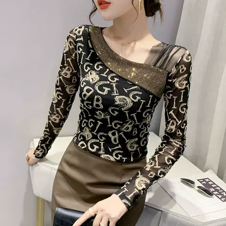 性感露锁骨女装时尚烫钻长袖T恤复古印花上衣紧身百搭打底衫女潮商品大图