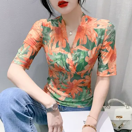 复古印花T恤女五分袖2023夏季新款性感V领上衣气质网纱中袖小衫潮商品大图