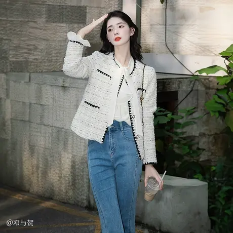 香影小香风外套女秋季2023新款高级感赫本风肌理感小个子短款上衣商品大图