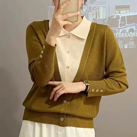 秋装新款2023年假两件针织衫女娃娃领拼色时尚洋气毛衣打底衫外穿图片