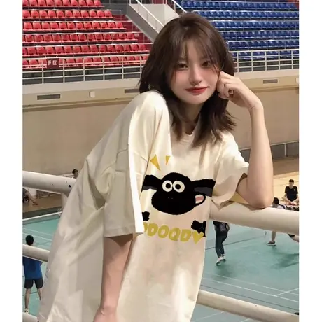 美式复古小羊短袖t恤女夏季设计感小众oversize宽松百搭体恤上衣商品大图