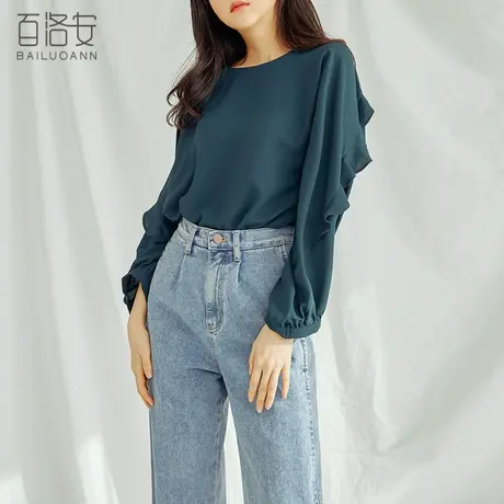 百洛安衬衫设计感圆领套头上衣女新款秋季韩版长袖荷叶边纯色衬衣图片