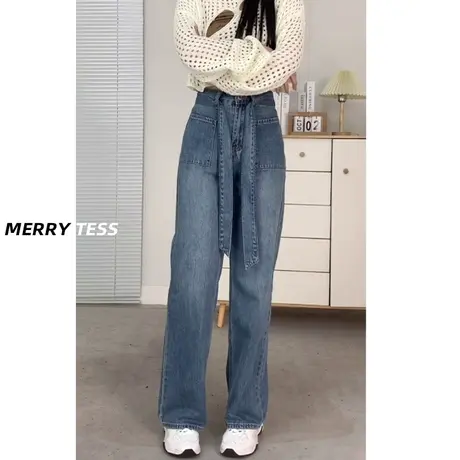 紫茄子爱裤子复古阔腿牛仔裤女秋冬新款潮高腰显瘦港味宽松直筒裤商品大图