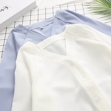 2020春秋季韩版宽松V领蓝色雪纺衬衫女长袖上衣气质百搭洋气小衫图片