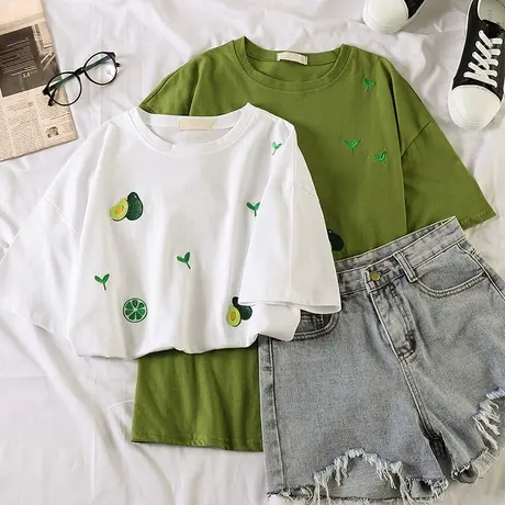 超火cec短袖白色t恤女2023新款宽松牛油果抹茶绿色半袖上衣ins潮图片