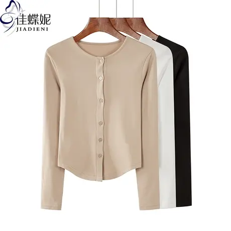 秋冬季外套开衫纽扣新款韩版圆领短款德绒修身长袖体恤上衣女粉色商品大图