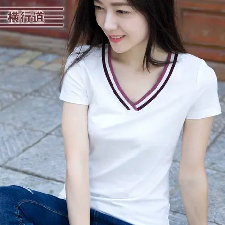 夏季短袖t恤女装百搭气质复古妈妈条纹领v领修身简约半袖体恤上衣商品大图