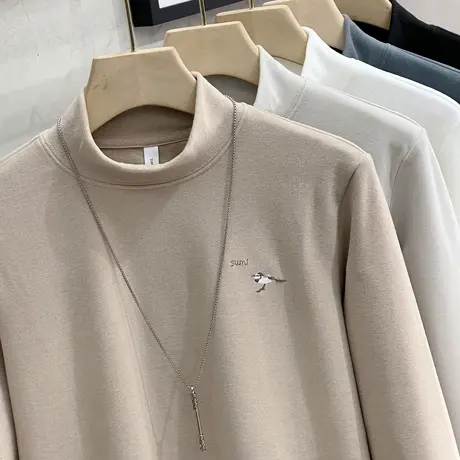 小鸟刺绣长袖t恤秋冬半高领德绒打底衫秋装上衣服加绒中领秋衣男商品大图