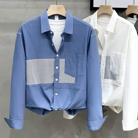 衬衫外套男宽松撞色条纹拼接潮流初秋男装上衣纯棉衬衣男士休闲商品大图