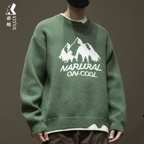 希越800g重磅圆领套头毛衣男秋冬宽松大码假两件7针印花针织衫潮商品大图