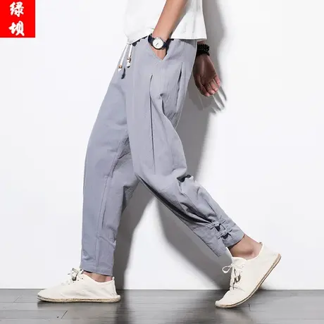 夏季中国风复古长裤男士宽松束脚裤盘扣哈伦复古男装收口休闲裤子图片