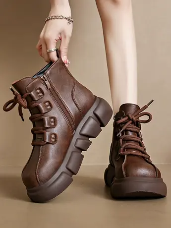 马丁靴女2023秋冬新款皮面圆头休闲系带单靴复古松糕厚底短靴女鞋商品大图