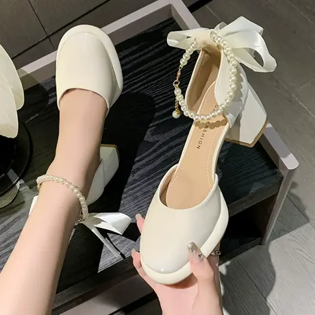 婚纱神器法式优雅公主仙女蝴蝶结白色高跟鞋粗跟防水台矮个子婚鞋图片