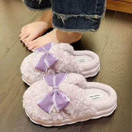 蝴蝶结棉鞋女冬季可爱室内家居防滑保暖情侣家用冬天加绒毛拖鞋男商品大图