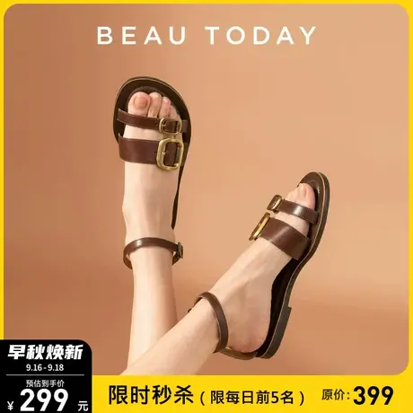 BeauToday罗马凉鞋女平底小众设计2023夏季法式复古粗跟真皮女鞋商品大图