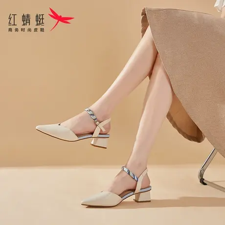 红蜻蜓高跟羊皮软底尖头女士包头凉鞋女款2025新款夏季真皮配裙子图片