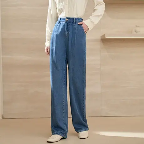 【商场同款】茵曼2023春女装新款复古通勤松紧腰宽松显瘦牛仔裤图片