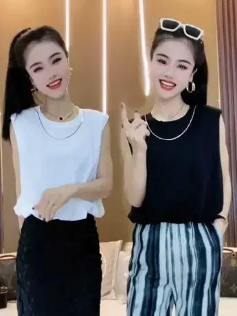 小众简约纯色无袖T恤宽松遮肉上衣2023夏季新款圆领坎肩背心潮款商品大图