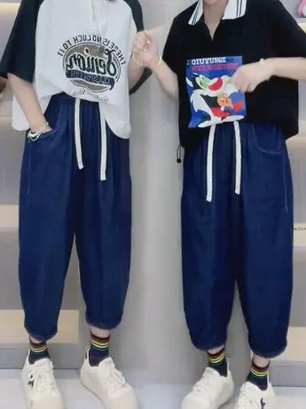 薄款灯笼裤女宽松牛仔裤夏季新款立体拼接深蓝九分裤粗腿显瘦裤子商品大图