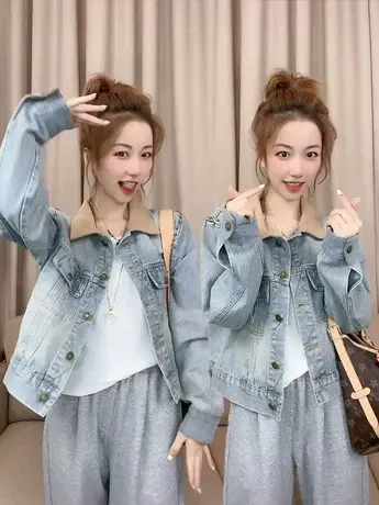 春季新款欧货时尚小众设计感洋气翻领拼色牛仔外套女复古短款夹克商品大图