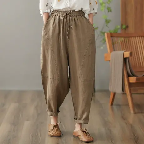 dza 高腰显瘦亚麻休闲裤女2023夏季薄款直筒阔腿裤宽松棉麻哈伦裤图片