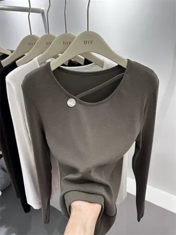 2023欧货早秋款U型领不规则显瘦弹力女简约百搭打底衫锁骨装饰潮商品大图