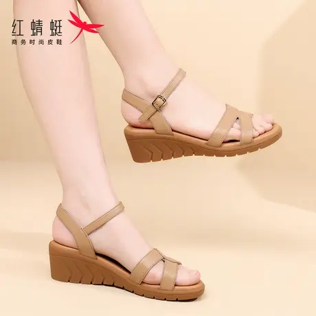 红蜻蜓女士厚底坡跟妈妈凉鞋女款新款夏季外穿夏天真皮牛皮中老年图片