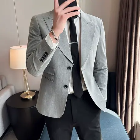 男士两粒扣西服春秋季高级感修身痞帅条纹单西男冬季商务休闲外套商品大图