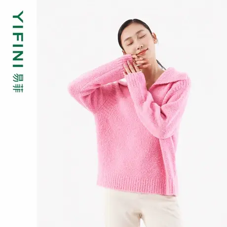 [专柜同款]Yifini/易菲翻领短款粉色宽松针织毛衫女时尚套头上衣商品大图