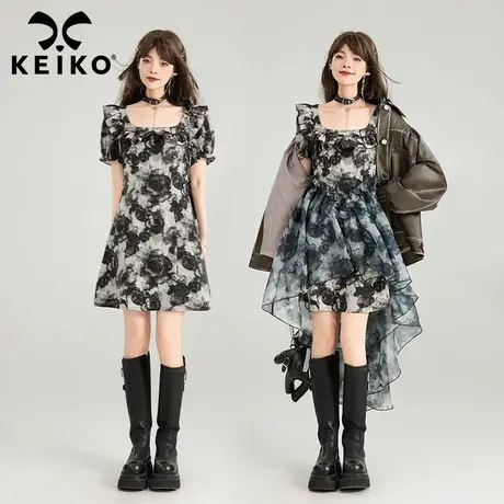 KEIKO [两穿] 水墨玫瑰碎花连衣裙浪漫法式前短后长蓬蓬公主裙子图片