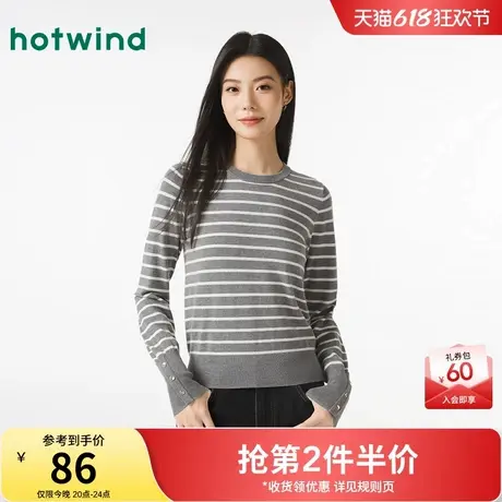 热风圆领打底衫2024年秋季新款女士修身针织衫黑色条纹内搭毛衣女商品大图
