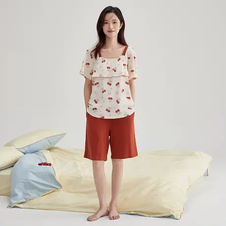 防凸点荷叶边睡衣女夏季纯棉性感短袖可外穿休闲家居服套装商品大图