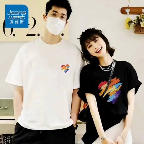 KP真维斯2025夏季半袖情侣纯棉宽松圆领男女百搭爱心印花短袖T恤商品大图