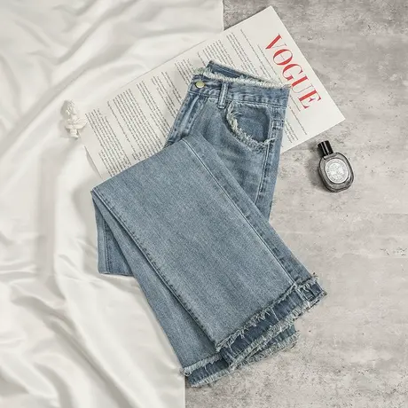 窄版阔腿牛仔裤女春秋2023年新款爆款高腰显瘦设计感宽松直筒裤子图片