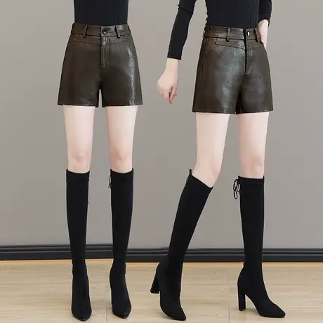 咖色高腰皮短裤女外穿2023秋装新款时尚直筒裤冬季显瘦打底靴裤图片