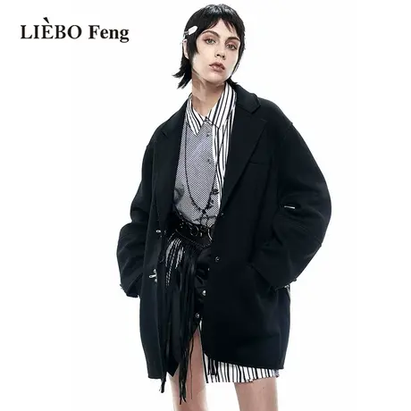 裂帛LIEBOFeng原创设计chic黑色高街时髦宽松廓形大衣毛呢外套女图片