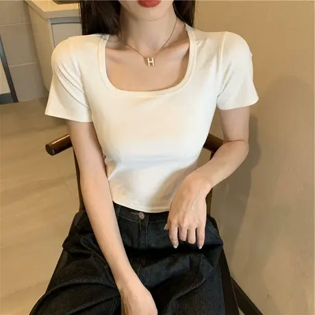 2023新款白色正肩短袖t恤女夏季设计感独特别致不规则短款上衣ins商品大图