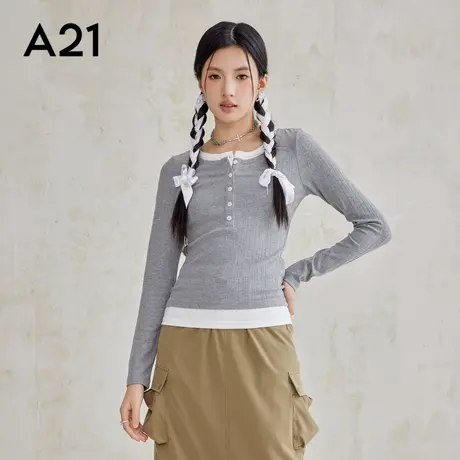 A21女装针织修身圆领假两件长袖T恤潮牌时尚休闲撞色百搭微弹上衣商品大图