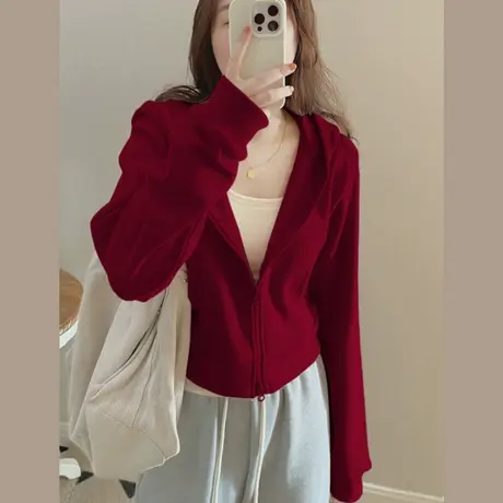 酒红色连帽卫衣外套女2025新款早秋季拉链开衫洋气减龄短款上衣服商品大图